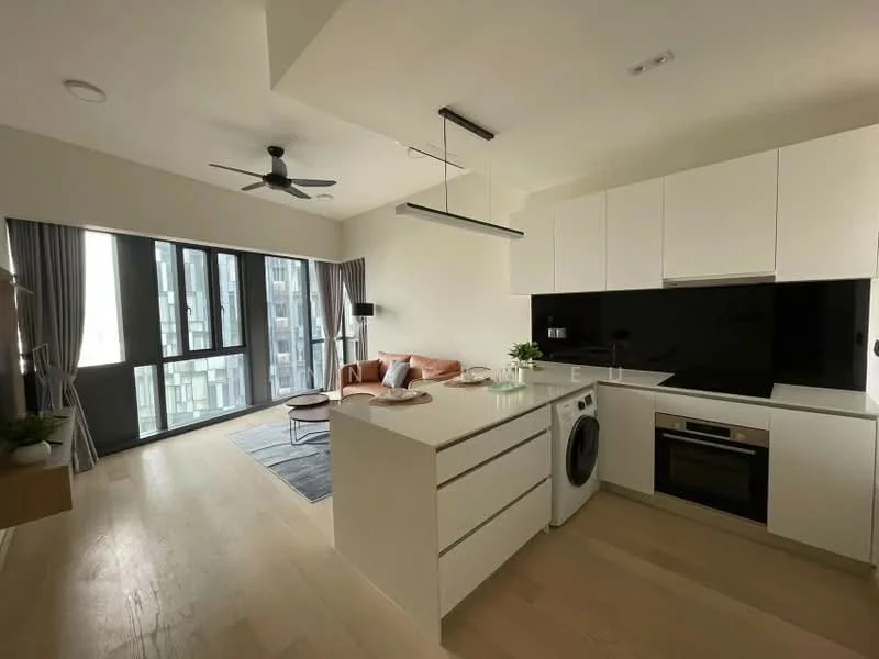 Kitchen features: white cabinetry, black backsplash, island countertop, stainless-steel sink, chrome pull-down faucet, built-in oven, stainless-steel range hood, front-load washing machine, recessed downlights, 5-blade ceiling fan, light wood flooring, open layout to living area; style: modern; view: city. Living features: fabric sofa in beige, area rug, floor-to-ceiling windows, curtains, coffee table, TV console, wall-mounted TV; style: modern; view: city.