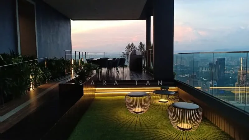 Exterior type: high-rise condominium; features: glass railing, outdoor seating area, landscaped garden with artificial grass, recessed lighting, city skyline view, dining table with chairs, decorative outdoor lighting, planters with greenery; style: modern.