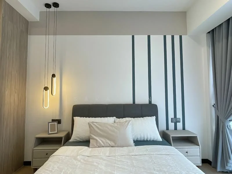 Bedroom features: king-size bed, upholstered headboard, two bedside tables, pendant lighting, striped accent wall in grey, white painted walls, floor-to-ceiling window with curtains, wooden wardrobe; style: modern.