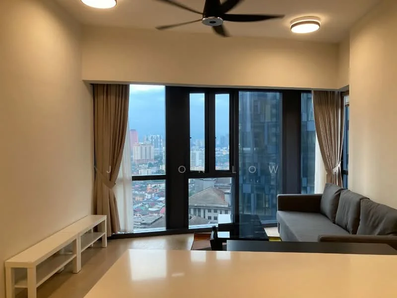 Living features: floor-to-ceiling windows, grey fabric sofa, white coffee table, light-colored walls, recessed downlights, 5-blade ceiling fan, sheer curtains, city skyline view; style: modern; view: city.