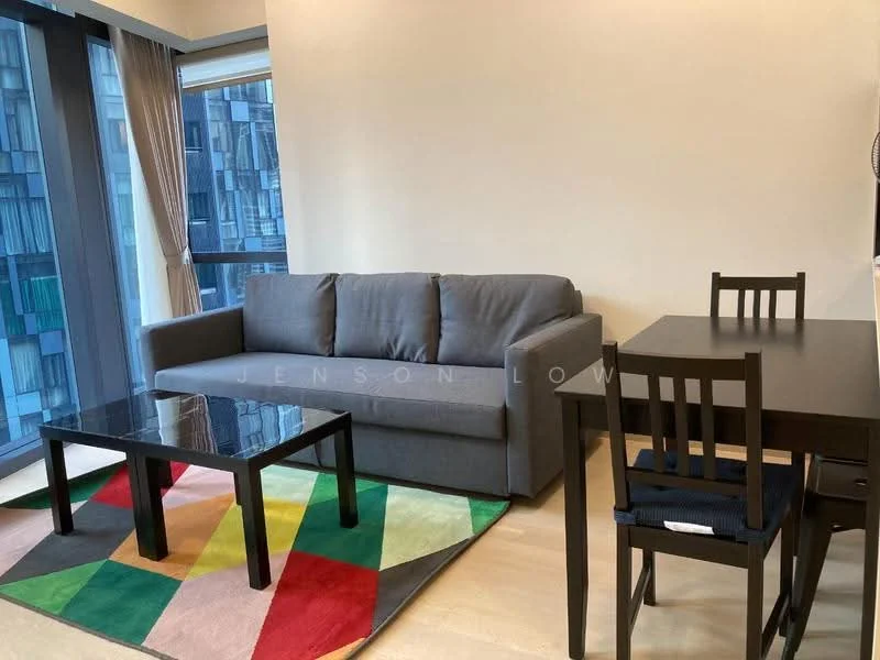 Living features: 3-seater fabric sofa in grey, glass coffee table, glass side table, 4-seater dining table, black dining chairs, area rug with geometric pattern, floor-to-ceiling windows, curtains, light wood flooring, neutral painted walls; style: modern.