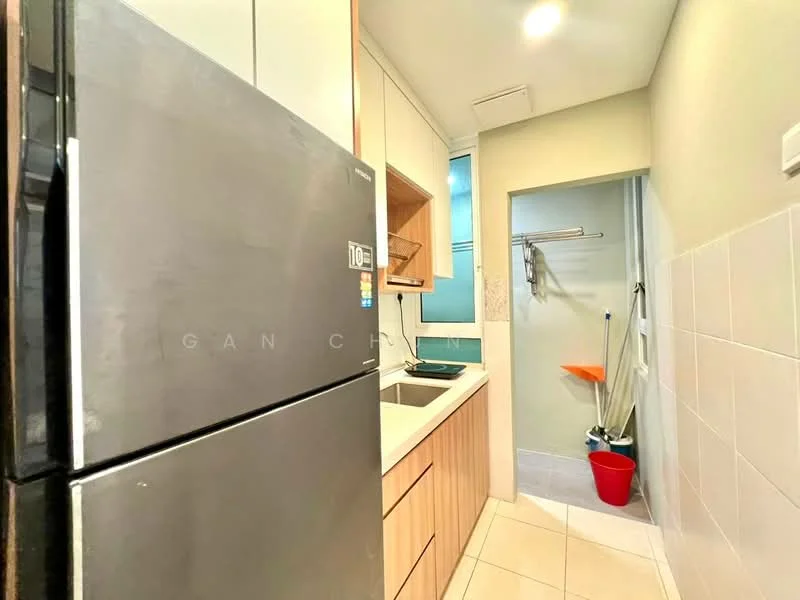 Kitchen features: stainless-steel fridge, single-bowl stainless-steel sink, chrome pull-down faucet, wood cabinetry, light-colored countertop, tile backsplash, wall-mounted shelves, laundry area with hanging rack, ceramic tile flooring, neutral painted walls, recessed lighting; style: modern.