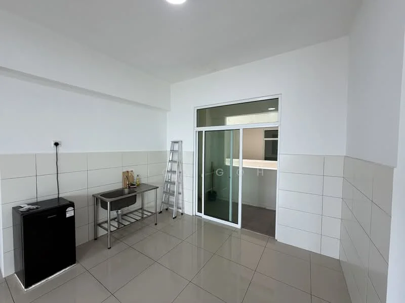 Room features: white painted walls, cream tiled backsplash, grey floor tiles, single-bowl stainless-steel sink, black fridge, ladder, sliding glass door, floor-to-ceiling window; style: modern.