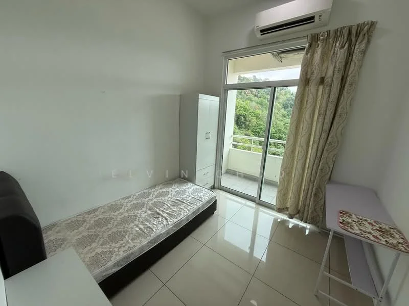 Bedroom features: single bed frame without mattress, white painted walls, glossy tile flooring, floor-to-ceiling sliding glass door, curtains with floral pattern, built-in wardrobe in white, study desk, wall-mounted split AC; style: modern; view: garden.