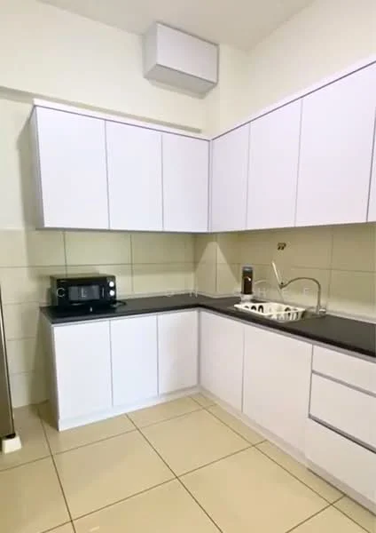 Kitchen features: white cabinetry, black countertop, single-bowl stainless-steel sink, chrome pull-down faucet, built-in microwave, freestanding microwave, tile backsplash, ceramic tile flooring, wall-mounted air conditioning unit; style: modern.
