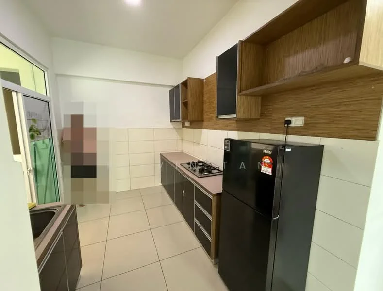 Kitchen features: black refrigerator, built-in gas stove with 4 burners, single-bowl stainless-steel sink, wooden cabinetry with upper shelves, laminate countertop, white tiled walls, ceramic tile flooring, open shelving; style: modern.