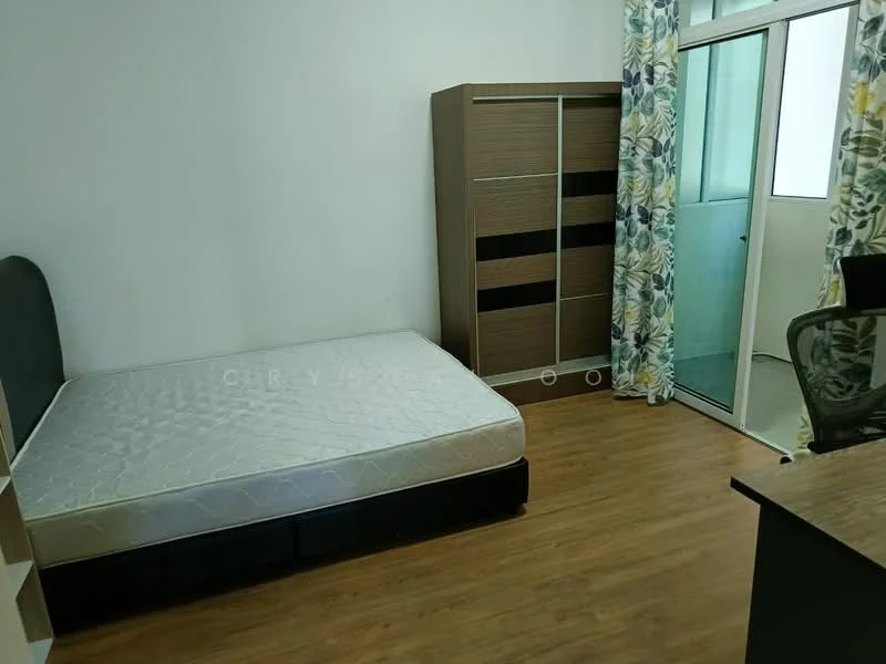 Bedroom features: queen-size bed, wooden flooring, built-in wardrobe with sliding doors, floor-to-ceiling windows, curtains with floral pattern, study desk, chair.