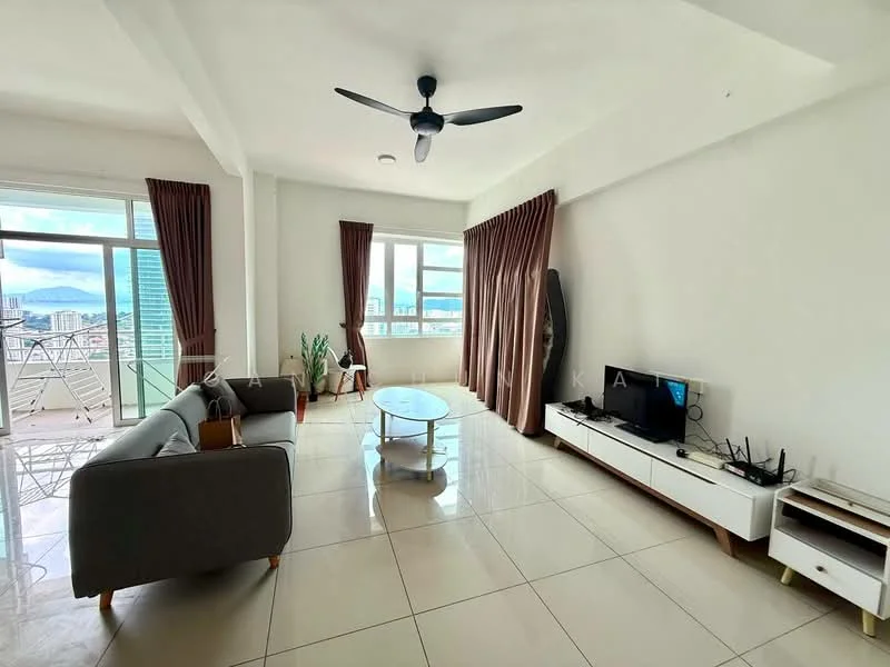 Living features: 3-seater fabric sofa in grey, 2-seater fabric sofa in beige, coffee table, TV console, wall-mounted TV, floor-to-ceiling windows, curtains in brown, ceiling fan with light, marble tile flooring, white painted walls, decorative wall art, view of city skyline; style: modern; view: city.