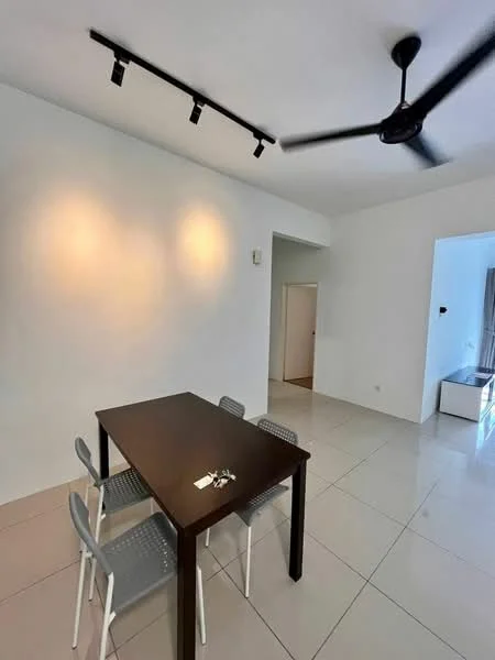 Dining features: dining table with dark wood finish, 4 grey plastic dining chairs, white painted walls, polished ceramic tile flooring, track lighting, ceiling fan, open layout, doorway leading to another room; style: modern.