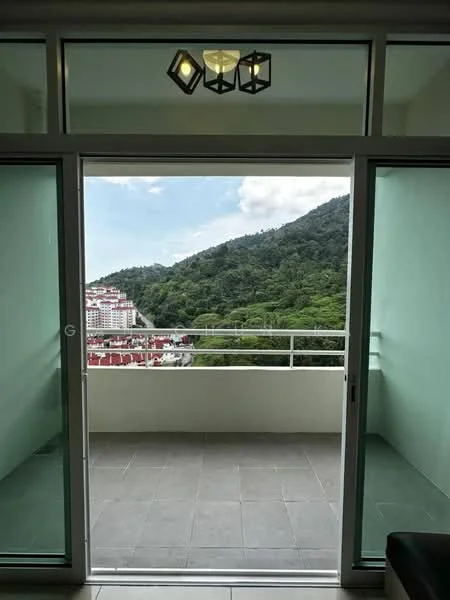 Balcony features: sliding glass door, floor-to-ceiling windows, grey tiled flooring, metal railing, mountain view, city view; style: modern; view: mountain.