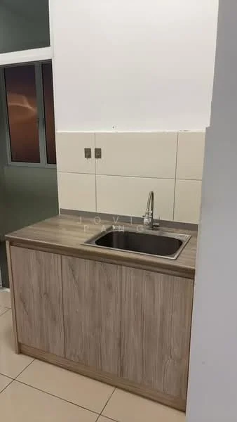 Kitchen features: single-bowl stainless-steel sink, chrome pull-down faucet, wood cabinetry with laminate finish, grey countertop, white tiled backsplash, cream tiled walls, neutral tiled flooring, window for natural light; style: modern.