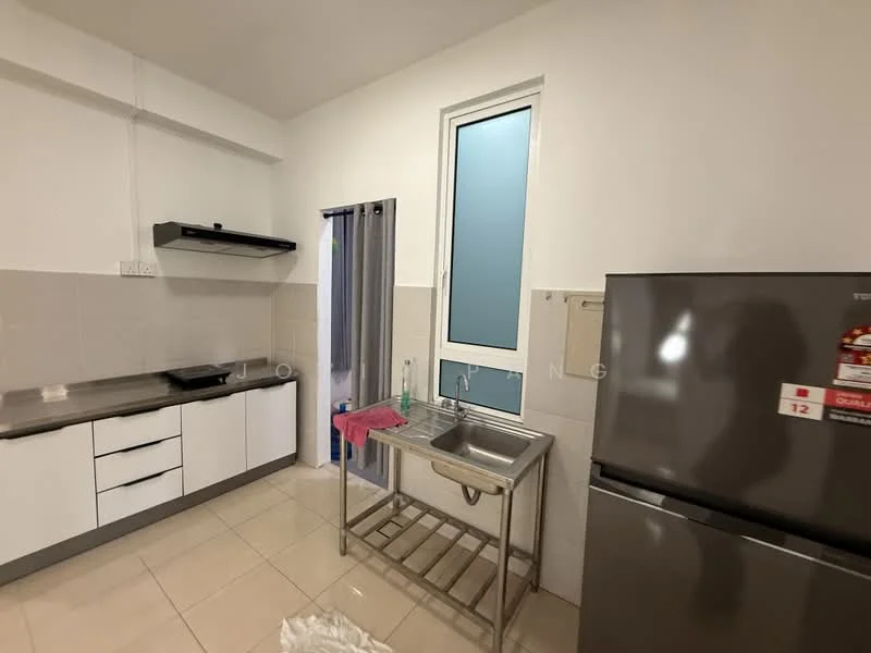 Kitchen features: white cabinetry, stainless-steel sink, chrome pull-down faucet, built-in stove with extractor hood, grey tiled backsplash, ceramic tile flooring, refrigerator, window with frosted glass, countertop, open shelving, kitchen cart, wall-mounted cabinets; style: modern.