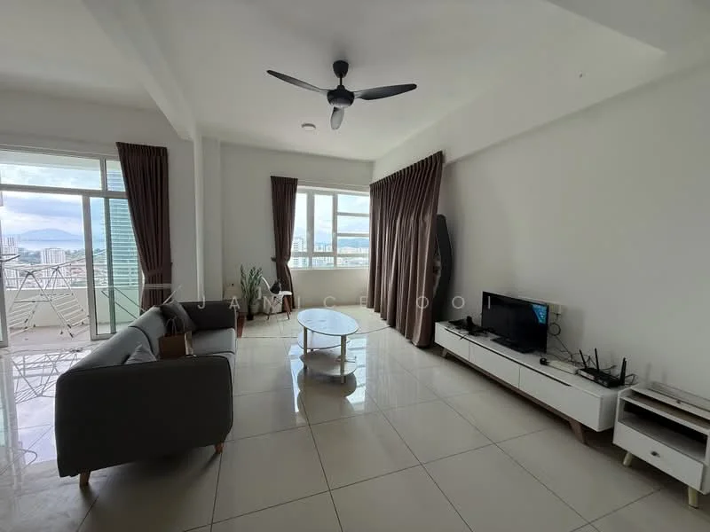 Living features: 3-seater fabric sofa in grey, 2-seater fabric sofa in beige, round coffee table, TV console in white, wall-mounted TV, floor-to-ceiling windows, sheer curtains, ceiling fan with light, light-colored tiled flooring, decorative wall art, open layout, city view; style: modern; view: city.