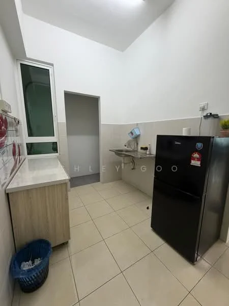 Kitchen features: white painted walls, tile flooring, single-bowl stainless-steel sink, chrome pull-down faucet, black fridge, wooden cabinetry, countertop with white surface, window with green view, wall-mounted shelf, light fixture on ceiling; style: modern.