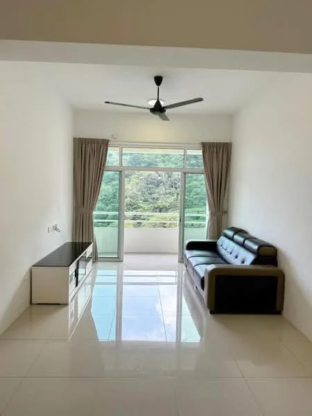 Living features: 3-seater leather sofa, white walls, glossy tile flooring, floor-to-ceiling windows, sheer curtains, ceiling fan, TV console, balcony view; style: modern; view: garden.