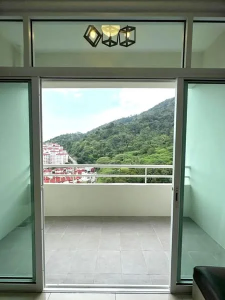 Balcony features: sliding glass door, floor-to-ceiling windows, grey tiled flooring, metal railing, mountain view, city view; style: modern; view: mountain.