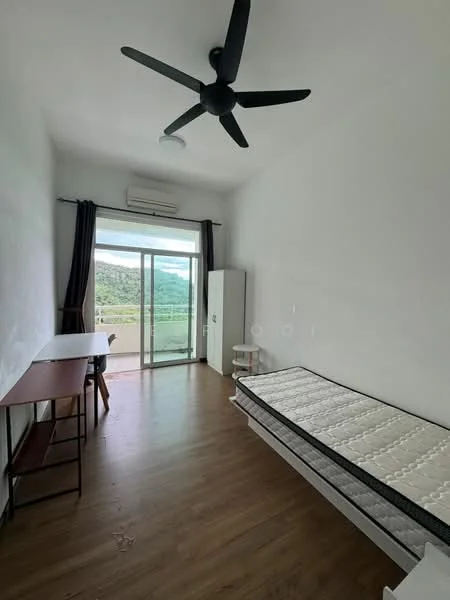 Bedroom features: wooden flooring, white painted walls, 5-blade ceiling fan, floor-to-ceiling sliding glass door, curtains, window with mountain view, built-in wardrobe, study desk, wooden side table, unmade bed with mattress; style: modern; view: mountain.