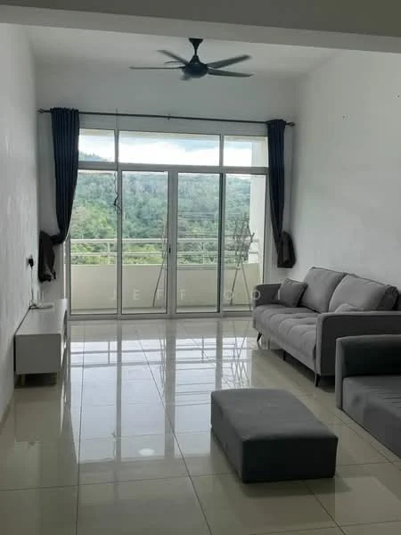 Living features: grey fabric sofa, ottoman, white TV console, floor-to-ceiling windows, sliding glass door, curtains in dark grey, ceiling fan, glossy tiled flooring, white painted walls, mountain view; style: modern; view: mountain.