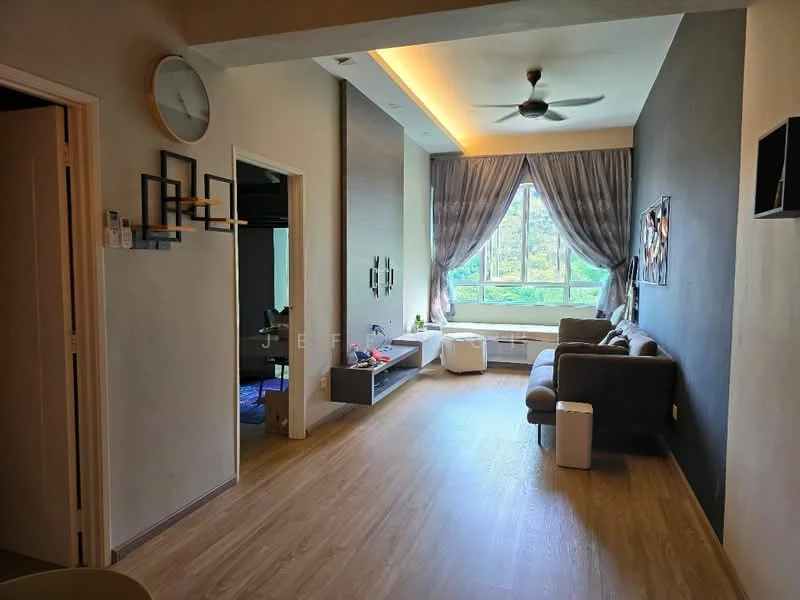 Living features: wooden flooring, grey accent wall, white painted walls, floor-to-ceiling windows, sheer curtains, 5-blade ceiling fan with light, sofa in grey, coffee table, TV console, decorative wall art, area rug; style: modern; view: garden. Room features: doorway leading to another room, wall-mounted clock, light fixture.