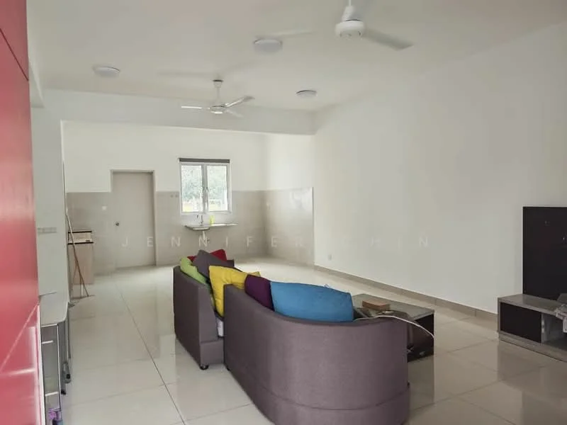 Living features: 3-seater fabric sofa in grey, cushions in multiple colors (yellow, blue, green, purple), coffee table, wall-mounted TV, ceiling fan, recessed downlights, white painted walls, glossy tile flooring, large window with view to outside, open layout to kitchen area; style: modern; view: garden.