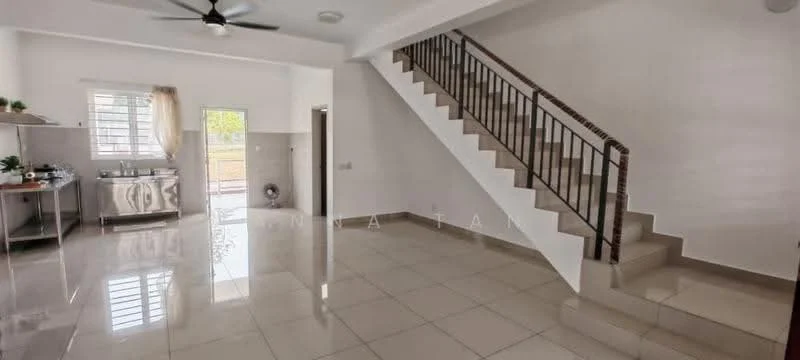 Living features: white painted walls, glossy ceramic tile flooring, 5-blade ceiling fan with light, large window with grid pattern, staircase with metal railing, open layout, natural light, neutral color scheme; style: modern. Kitchen features: stainless-steel sink, chrome pull-down faucet, kitchen cabinetry, countertop, tile backsplash, appliances visible, open layout, natural light; style: modern.