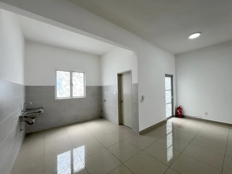 Room features: white painted walls, grey tiled walls, glossy ceramic tile flooring, single-bowl stainless-steel sink, window with white frame, door with handle, fire extinguisher, ceiling light; style: modern.