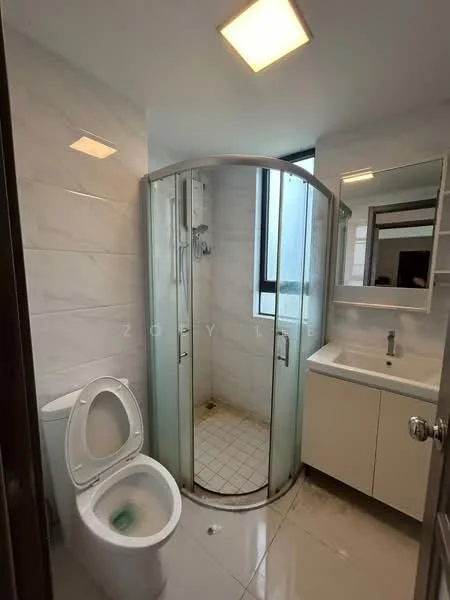 Bathroom features: white tiled walls, white ceramic floor tiles, glass shower enclosure, rain shower head, built-in shower shelf, single-sink vanity with cabinet, framed mirror, one-piece toilet, ceiling light, window with city view; style: modern; view: city.