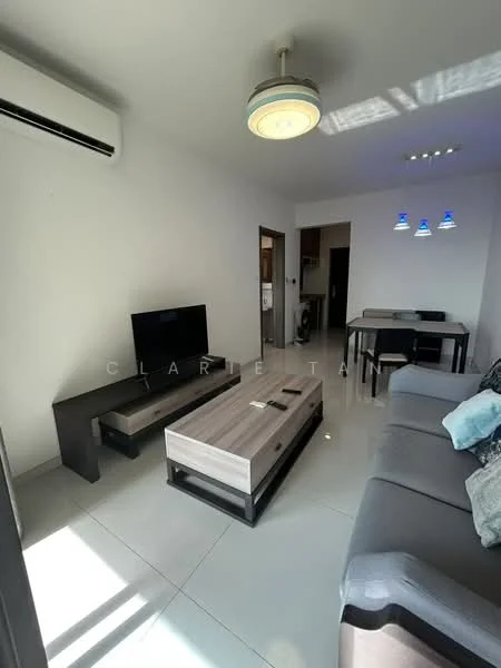 Living features: sofa in grey fabric, coffee table with storage, TV console, wall-mounted TV, recessed downlights, ceiling light fixture with decorative design, air conditioning unit, glossy tile flooring, decorative wall art, side table, blue pendant lights; style: modern.