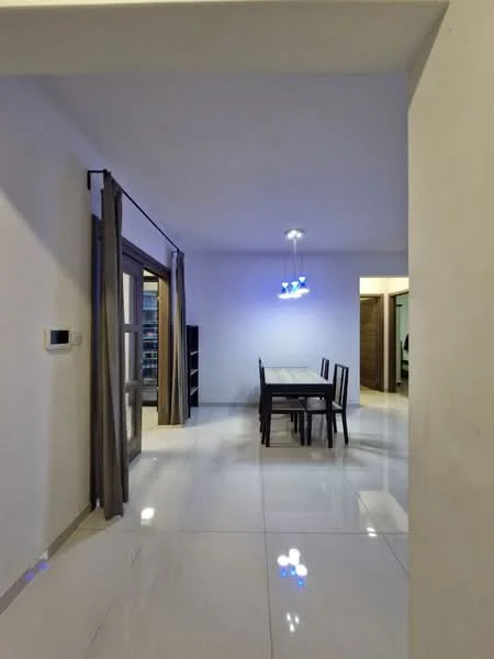 Dining features: white painted walls, glossy ceramic tile flooring, dining table with 6 chairs, pendant light fixture, floor-to-ceiling windows, curtains, open shelving unit, recessed lighting; style: modern. Room features: white painted walls, glossy ceramic tile flooring.