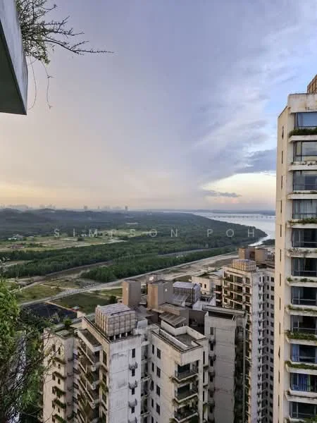 Exterior type: high-rise condominium; features: glass curtain wall, exposed concrete facade, recessed balconies, surrounded by greenery, city skyline view, landscaped terrace, multiple storeys, adjacent to a river; style: modern.