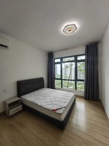 Bedroom features: queen-size bed, upholstered headboard, nightstand, floor-to-ceiling windows, curtains, wooden flooring, wall-mounted split AC, ceiling light fixture; style: modern; view: city.