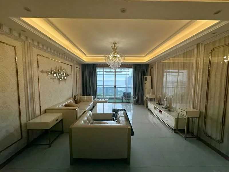 Living features: chandelier, recessed ceiling lights, cream leather sofa, glass coffee table, TV console, floor-to-ceiling windows, curtains, marble flooring, decorative wall paneling, wall-mounted TV, area rug, side tables; style: luxury; view: city.