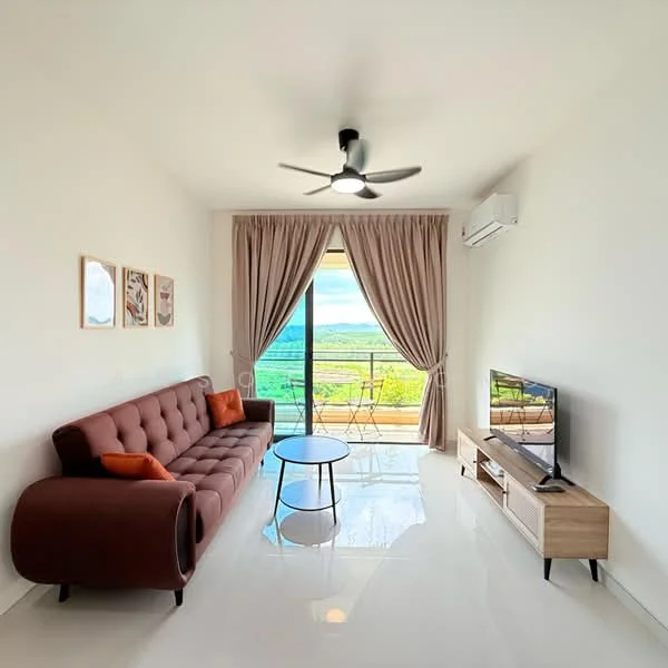 Living features: 3-seater fabric sofa in brown, coffee table with round glass top, wall-mounted TV, TV console in light wood, floor-to-ceiling sliding glass door, curtains in light beige, ceiling fan with light, polished tile flooring, decorative wall art, mountain view from balcony; style: modern; view: mountain.