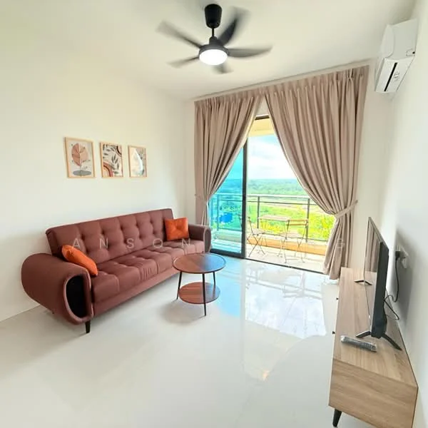 Living features: 3-seater fabric sofa in rust color, round coffee table, wall-mounted TV, TV console in light wood, floor-to-ceiling sliding glass door, curtains in light beige, ceiling fan with light, glossy white tile flooring, decorative wall art with botanical prints, view of greenery outside; style: modern; view: garden.