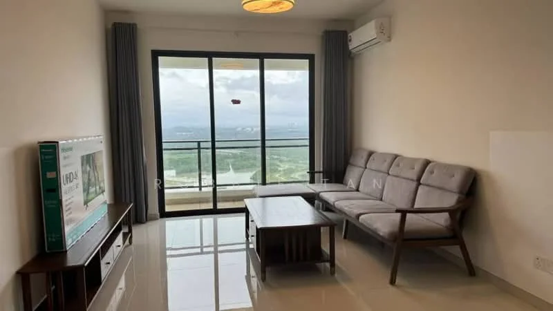 Living features: 3-seater fabric sofa in grey, wood coffee table, TV console, wall-mounted TV, floor-to-ceiling windows, curtains, air conditioning unit, glossy tile flooring, recessed ceiling lights, decorative ceiling light; style: modern; view: city.