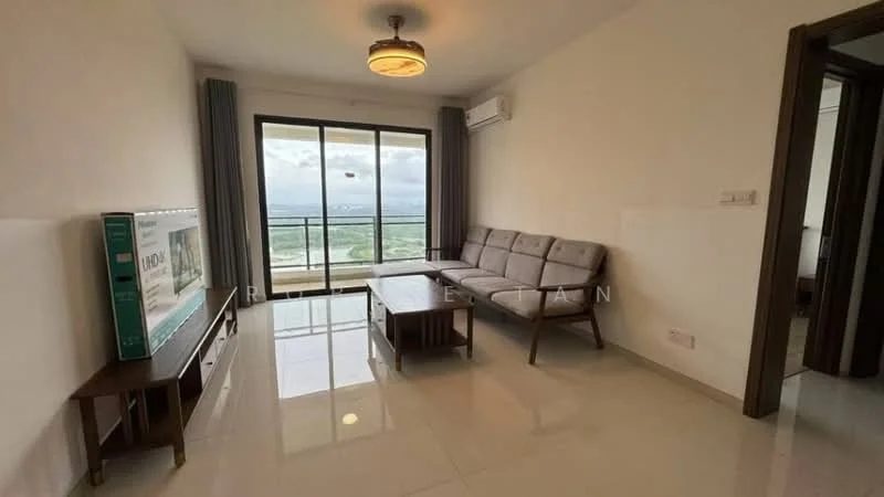 Living features: grey fabric sofa, wood coffee table, TV console, wall-mounted TV, floor-to-ceiling windows, curtains, air conditioning unit, marble tile flooring, recessed ceiling light; style: modern; view: city.