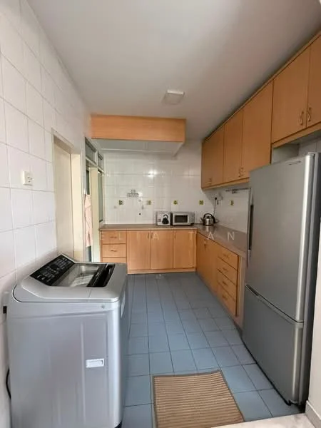 Kitchen features: light wood cabinetry, grey countertop, stainless-steel fridge, microwave, washing machine, tile backsplash, white tiled walls, blue tile flooring, single-bowl stainless-steel sink, chrome pull-down faucet; style: modern.
