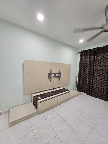 Living features: light green painted walls, white ceiling, white tiled flooring, ceiling fan, TV wall mount, built-in TV console, dark patterned curtains, neutral color decor; style: modern.
