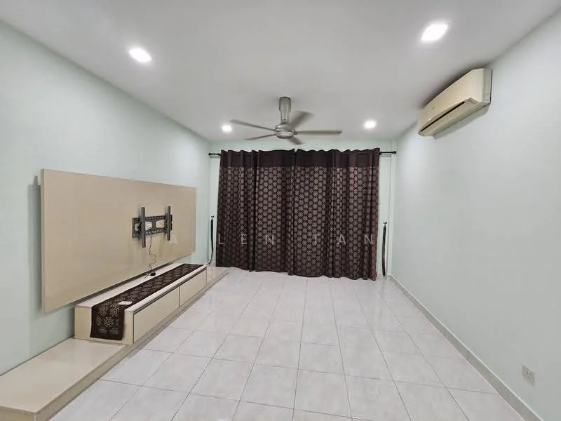 Living features: light green painted walls, white ceiling, 5-blade ceiling fan, wall-mounted TV, TV console with storage, large dark brown curtains, ceramic tile flooring, air conditioning unit; style: modern.