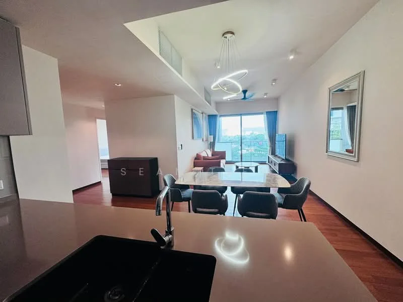 Living features: wood flooring, floor-to-ceiling windows, city view, sofa in brown, dining table with marble top, 4 upholstered dining chairs, chandelier with modern design, decorative mirror, recessed downlights, curtains in blue, open layout, wall-mounted TV, area rug; style: modern; view: city. Kitchen features: single-bowl stainless-steel sink, chrome pull-down faucet, kitchen island, grey cabinetry, stainless-steel appliances, recessed lighting; style: modern.