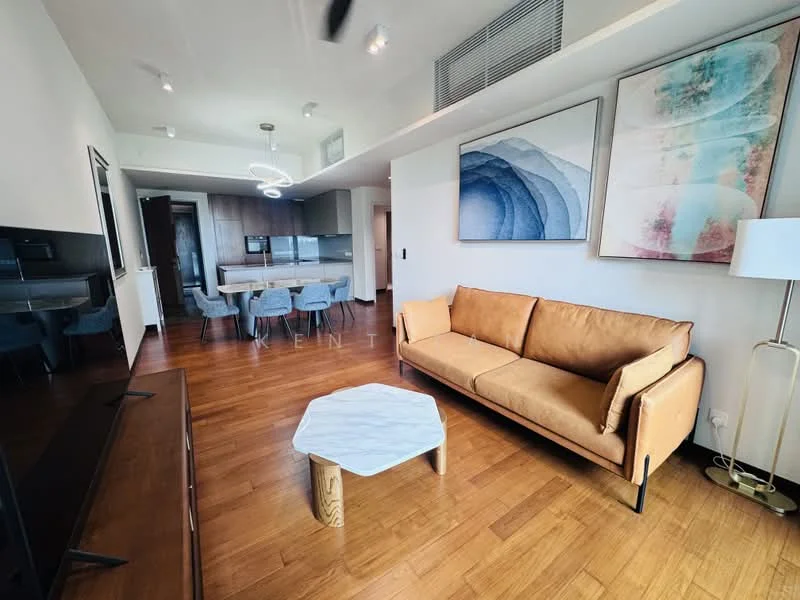 Living features: 3-seater fabric sofa in tan, marble coffee table with wooden legs, wooden flooring, wall-mounted TV, decorative artwork on walls, recessed downlights, floor-to-ceiling windows, open layout to kitchen and dining area; style: modern. Kitchen features: kitchen island with seating, stainless-steel appliances, built-in oven, freestanding range oven, microwave, white cabinetry, dark countertops, open layout to living area; style: modern.