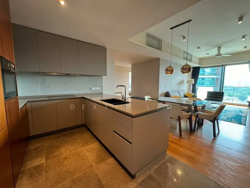 Kitchen features: grey cabinetry, black countertop, single-bowl stainless-steel sink, chrome pull-down faucet, built-in oven, ceramic cooktop, recessed downlights, marble tile flooring; style: modern; view: city. Living features: 3-seater fabric sofa in beige, coffee table, dining table for 4, floor-to-ceiling windows, wood flooring, ceiling fan; style: modern; view: city.