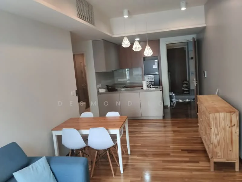 Living features: grey fabric sofa, wooden dining table, 4 white dining chairs, wooden sideboard, hardwood flooring, recessed downlights, pendant lighting, open kitchen layout, kitchen cabinetry in light grey, stainless-steel fridge, built-in oven, ceramic cooktop, kitchen sink, wall-mounted microwave; style: modern.