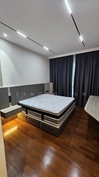 Bedroom features: wooden flooring, grey upholstered headboard, queen-size bed, recessed LED downlights, floor-to-ceiling windows, dark curtains, built-in bedside table, wall-mounted paneling; style: modern.