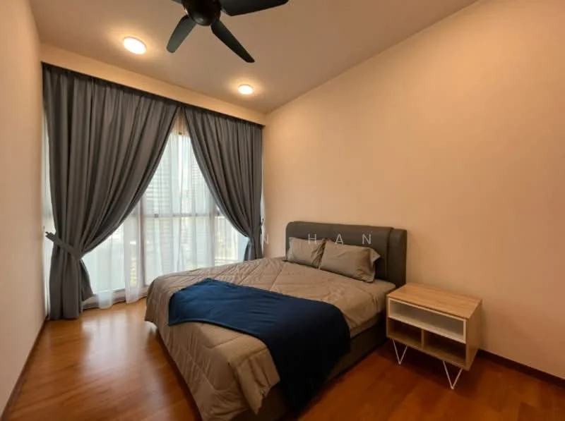 Bedroom features: queen-size bed, upholstered headboard, bedside table, grey bedding, blue throw blanket, floor-to-ceiling windows, curtains in grey, wooden flooring, ceiling fan with light; style: modern; view: city.