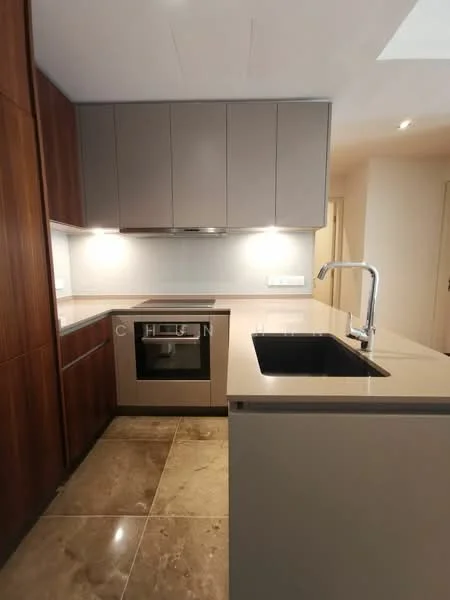 Kitchen features: brown wooden cabinetry, grey flat-panel cabinets, stainless-steel built-in oven, stainless-steel cooktop, single-bowl black sink, chrome pull-down faucet, quartz countertop, under-cabinet lighting, marble tile flooring, recessed downlights; style: modern.