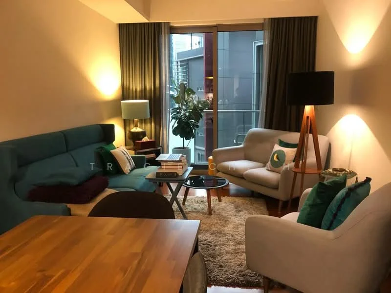 Living features: blue fabric sectional sofa, light grey armchair, wooden coffee table, area rug with neutral color, floor lamp with wooden base, green decorative cushions, large indoor plant, curtains in dark green, glass sliding door, wooden dining table; style: modern; view: city.