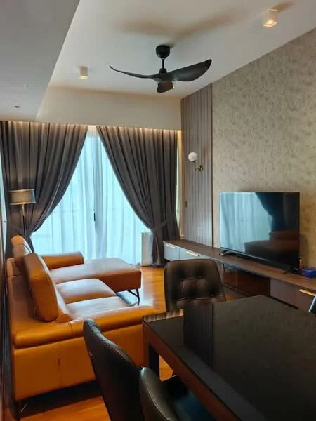 Living features: 3-seater leather sofa in brown, L-shape sectional sofa, black glass coffee table, wall-mounted TV, TV console, floor-to-ceiling windows, sheer curtains, dark wood paneling, recessed downlights, 5-blade ceiling fan with light, wood flooring, decorative wall sconce; style: modern; view: city.