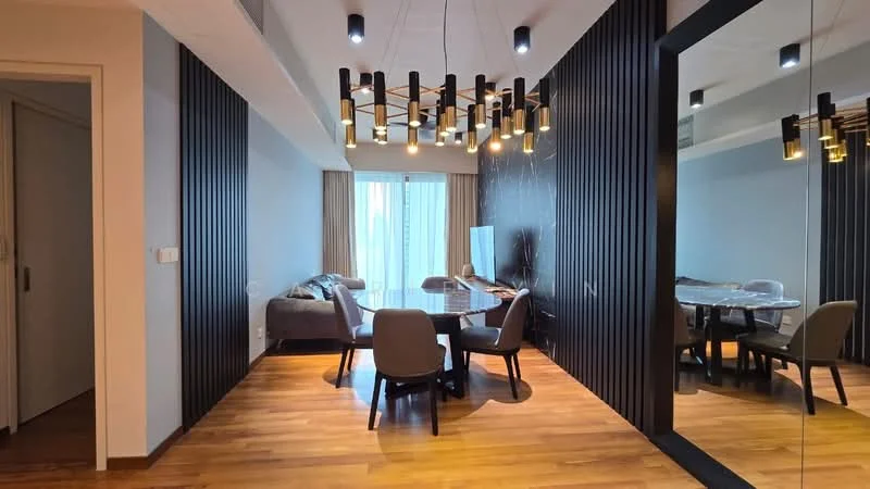 Dining features: wood flooring, black accent wall, large mirror, chandelier with multiple bulbs, round dining table, upholstered dining chairs, floor-to-ceiling windows with sheer curtains, sofa in grey fabric; style: modern.