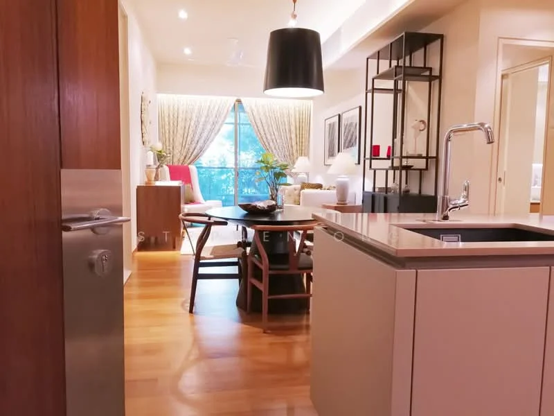 Kitchen features: single-bowl stainless-steel sink, chrome pull-down faucet, quartz countertop, white cabinetry, open shelving, pendant light, wooden flooring, recessed downlights; style: modern. Living features: 3-seater fabric sofa, coffee table, area rug, floor-to-ceiling windows, curtains, decorative plants, wall art; style: modern.